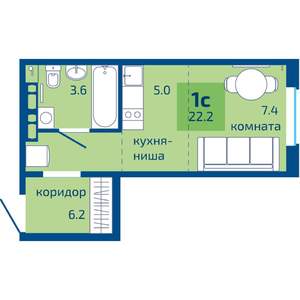 1-к квартира, вторичка, 22м2, 5/9 этаж