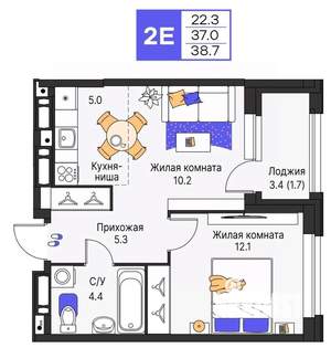2-к квартира, строящийся дом, 39м2, 13/16 этаж