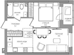 2-к квартира, вторичка, 39м2, 4/22 этаж