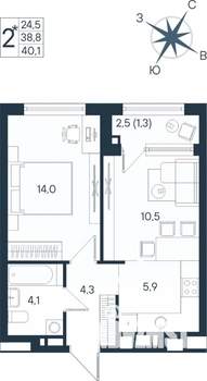 2-к квартира, вторичка, 40м2, 8/14 этаж