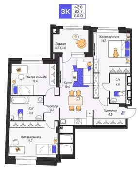 3-к квартира, строящийся дом, 86м2, 4/25 этаж