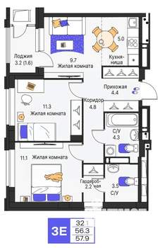 3-к квартира, строящийся дом, 58м2, 22/25 этаж