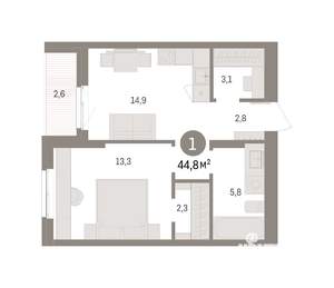 1-к квартира, вторичка, 45м2, 6/9 этаж