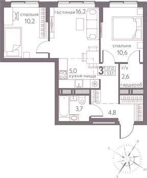 3-к квартира, строящийся дом, 53м2, 16/20 этаж