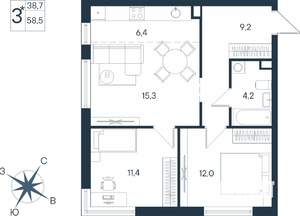 3-к квартира, строящийся дом, 59м2, 2/15 этаж