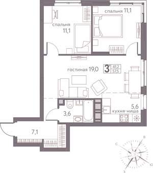 3-к квартира, строящийся дом, 58м2, 10/20 этаж