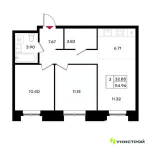 3-к квартира, вторичка, 55м2, 3/25 этаж