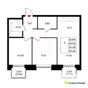 3-к квартира, вторичка, 56м2, 9/25 этаж