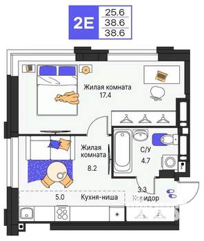 2-к квартира, строящийся дом, 39м2, 18/25 этаж