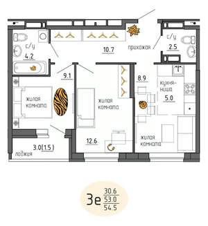 3-к квартира, строящийся дом, 55м2, 6/25 этаж