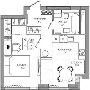 1-к квартира, строящийся дом, 37м2, 8/28 этаж