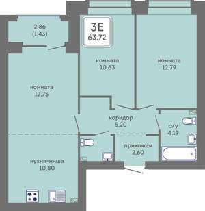 3-к квартира, вторичка, 64м2, 2/7 этаж