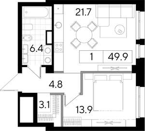 Студия квартира, вторичка, 50м2, 3/8 этаж