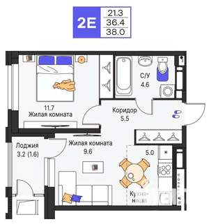 2-к квартира, строящийся дом, 38м2, 16/25 этаж