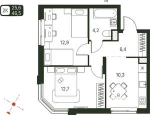 2-к квартира, строящийся дом, 47м2, 2/20 этаж