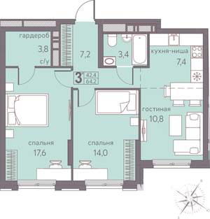 Студия квартира, строящийся дом, 64м2, 9/22 этаж