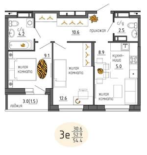 3-к квартира, строящийся дом, 54м2, 6/25 этаж