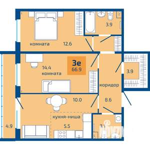 3-к квартира, строящийся дом, 67м2, 1/10 этаж