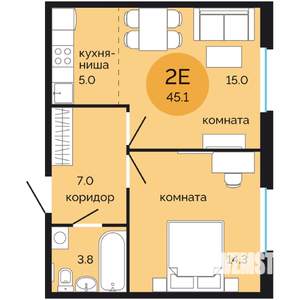 2-к квартира, вторичка, 45м2, 3/17 этаж