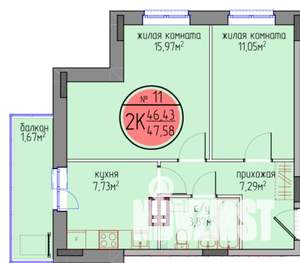 2-к квартира, вторичка, 46м2, 2/6 этаж