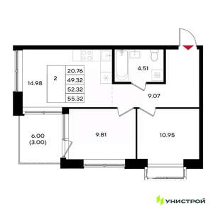 2-к квартира, вторичка, 52м2, 21/25 этаж