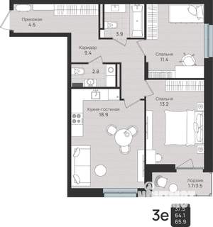 3-к квартира, вторичка, 66м2, 3/6 этаж