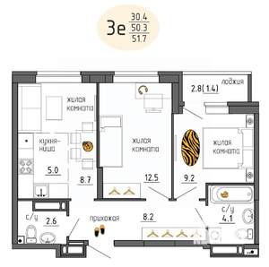 3-к квартира, строящийся дом, 52м2, 22/25 этаж