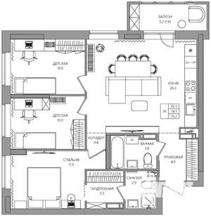 3-к квартира, вторичка, 76м2, 7/22 этаж