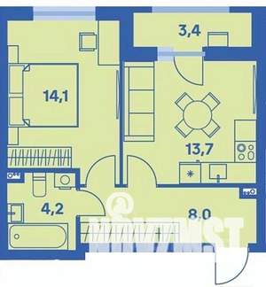2-к квартира, вторичка, 42м2, 1/9 этаж