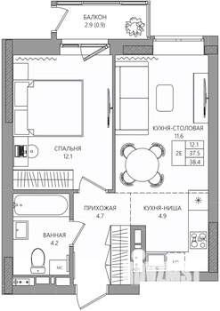 2-к квартира, вторичка, 38м2, 4/8 этаж