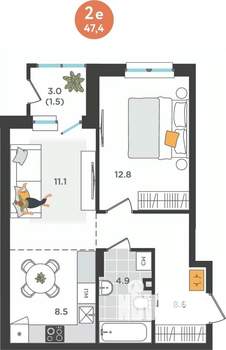 2-к квартира, вторичка, 47м2, 2/25 этаж