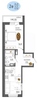 2-к квартира, строящийся дом, 44м2, 12/25 этаж