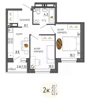 2-к квартира, строящийся дом, 43м2, 4/25 этаж