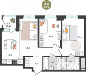 3-к квартира, вторичка, 63м2, 3/25 этаж