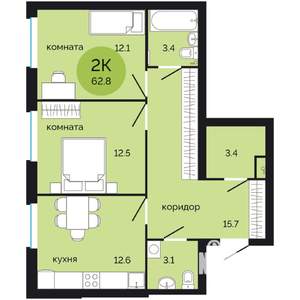 2-к квартира, вторичка, 63м2, 1/12 этаж