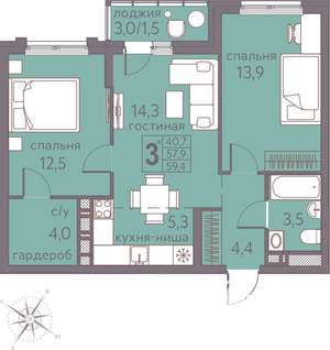 3-к квартира, строящийся дом, 59м2, 18/22 этаж