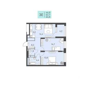 3-к квартира, строящийся дом, 65м2, 3/22 этаж