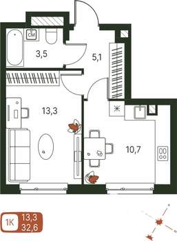 1-к квартира, строящийся дом, 33м2, 2/20 этаж