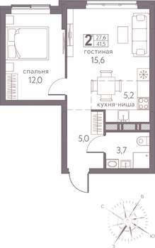 2-к квартира, строящийся дом, 42м2, 14/20 этаж