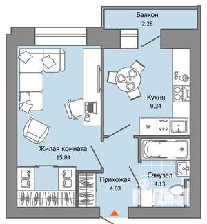 1-к квартира, вторичка, 34м2, 6/9 этаж
