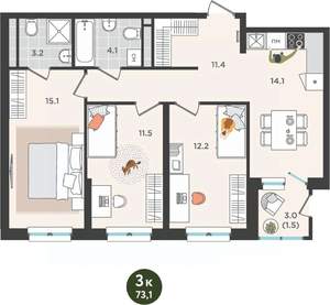 3-к квартира, вторичка, 73м2, 6/25 этаж