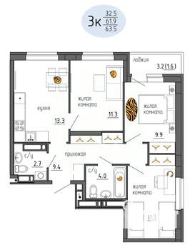 3-к квартира, строящийся дом, 64м2, 23/25 этаж