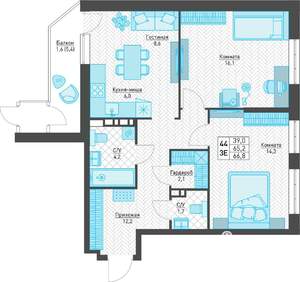 3-к квартира, строящийся дом, 67м2, 6/8 этаж