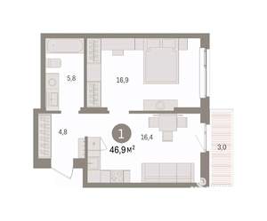 1-к квартира, вторичка, 47м2, 7/9 этаж