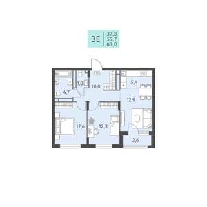 3-к квартира, строящийся дом, 61м2, 4/22 этаж