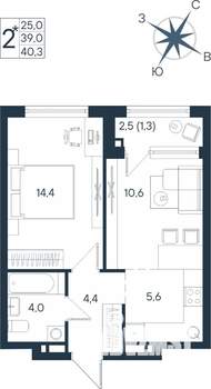 2-к квартира, строящийся дом, 40м2, 11/15 этаж