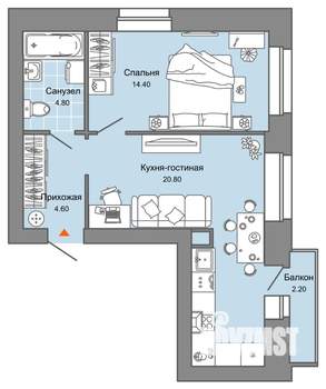 1-к квартира, вторичка, 45м2, 2/7 этаж