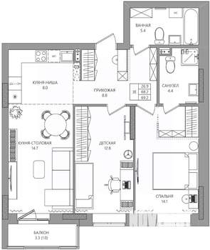 3-к квартира, вторичка, 69м2, 2/8 этаж