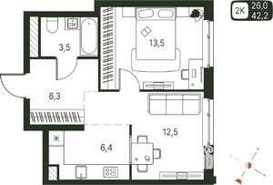Студия квартира, строящийся дом, 42м2, 2/20 этаж