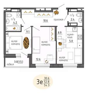 3-к квартира, строящийся дом, 54м2, 20/25 этаж